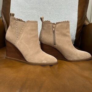 Copper Key Beige Suede Lacey Scalloped Wedge Booties
